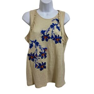 Sundance Linen Tank Top Floral Embroidered Sleeveless Casual Beige Blouse Size S